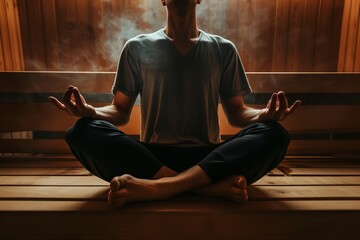 man meditating in sauna, lotus position, hands on knees, tranquil