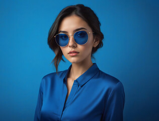 serious face woman in sunglasses blue monochrome color portrait