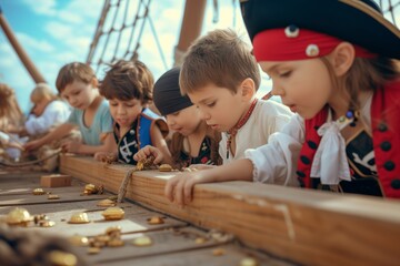 children in pirate attire searching for treasure on a ship set