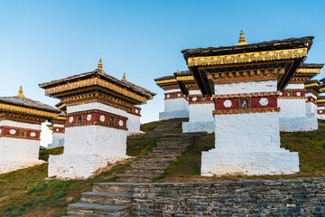 Low view of some memorial chortens at Dochula Pass