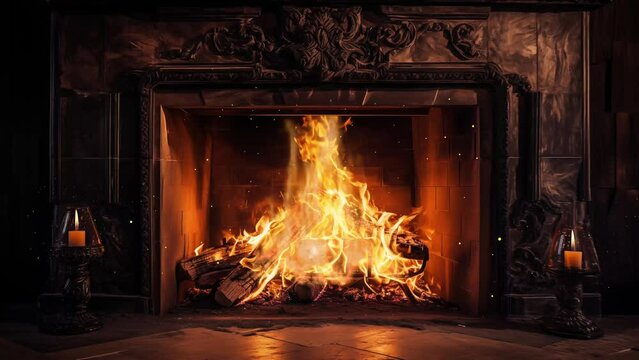 fire burns in the fireplace. fireplace with burning logs. seamless looping overlay 4k virtual video animation background 
