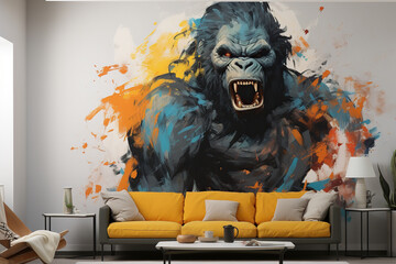 Room interior with a yellow sofa and a drawing of a large gorilla on the wall.. Generated by artificial intelligence