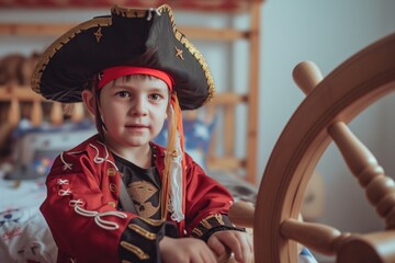 boy in pirate costume with wooden wheel in bedroom