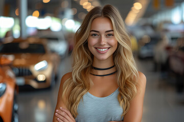Professional luxury car saleswoman in luxury showroom. Auto dealership office. Car dealer business. Smiling woman in showroom. Expensive car. Automotive industry. Luxury car agent. v - obrazy, fototapety, plakaty