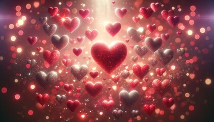 love and Valentine's Day festive background. Fantasy scene of glowing hearts floating with radiant light sparks and bokeh, creating an atmosphere of love, celebration, and Valentine's Day romance.