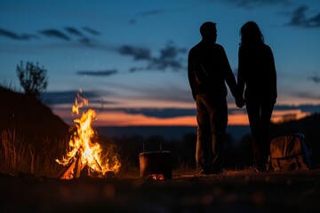 silhouetted couple holding hands by the campfire at dusk