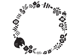 北欧風のモノクロの鳥と植物の丸いフレーム