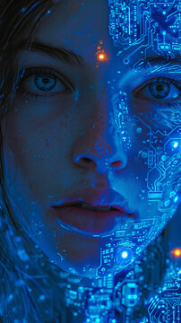 realistic image of a beautiful woman with elements such as motherboard, cyborg, blue circuit, futuristic, artificial intelligence, blue electric tones, semi-transparent skin 