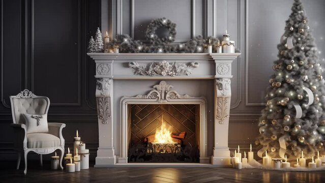  stylish christmas interior with decorated fir tree. seamless looping overlay 4k virtual video animation background 