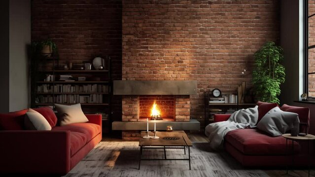 wood burning stove in a brick fireplace. living room with fireplace. seamless looping overlay 4k virtual video animation background 