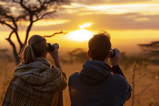 Man And Woman Watching Wildlife With Binoculars