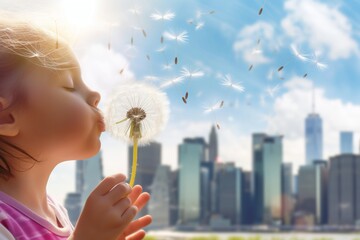 child blowing dandelion seeds with city buildings in the backdrop - obrazy, fototapety, plakaty