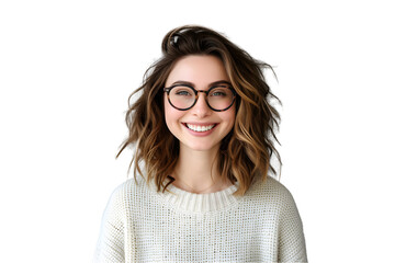  looking happy smiling female with dark blond hair and nerdy glasses standing in front of neutral grey background
