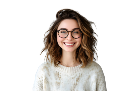  looking happy smiling female with dark blond hair and nerdy glasses standing in front of neutral grey background