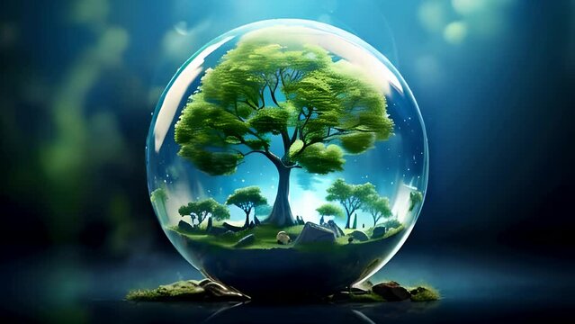 A lush, solitary tree within a clear glass globe set against a bokeh backdrop of cool, blue tones