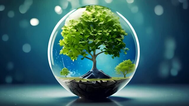 A lush, solitary tree within a clear glass globe set against a bokeh backdrop of cool, blue tones