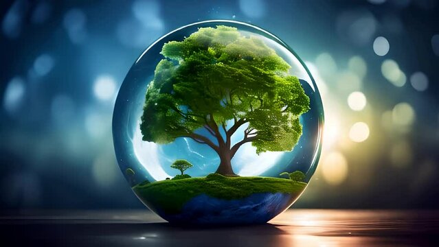 A lush, solitary tree within a clear glass globe set against a bokeh backdrop of cool, blue tones