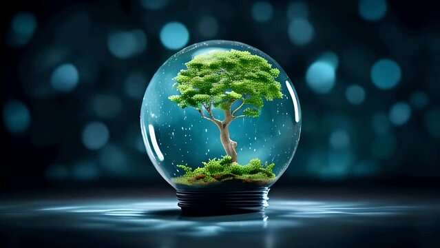 A lush, solitary tree within a clear glass globe set against a bokeh backdrop of cool, blue tones