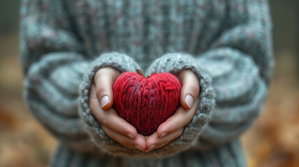 Woman holding a soft wool heart shaped figure in her hands. Concept for heartfelt gratitude.