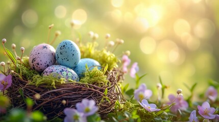 Fototapeta na wymiar Nest made of twigs and moss with Easter eggs. Natural forest or park with vibrant spring flowers. Wide-format banner with copy space. AI Generated