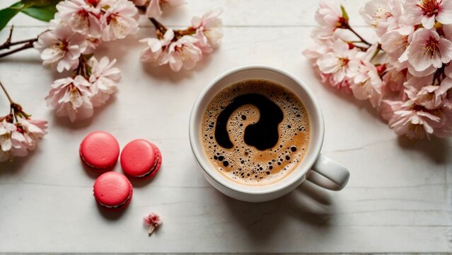 Coffee cup with macarons and cherry blossoms on a white wooden background