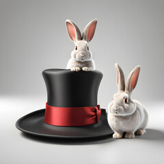 3D Rendering Two Fluffy Bunny With Magician Hat