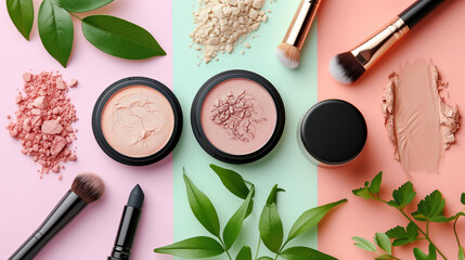 Variety of makeup and powders on display on pastel colored background. Showing colors, style and...