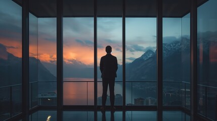 Businessman looking on window in contemporary office with city and mountains view. Generative AI