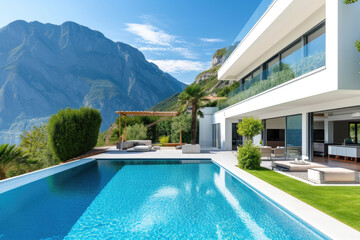 Exterior modern white villa with pool and garden, mountain view