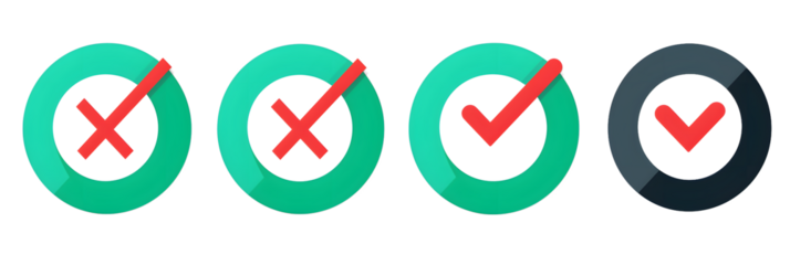 Green check mark, red cross mark icon set. Isolated tick symbols, checklist signs, approval badge. Flat and modern checkmark design, vector illustration.
