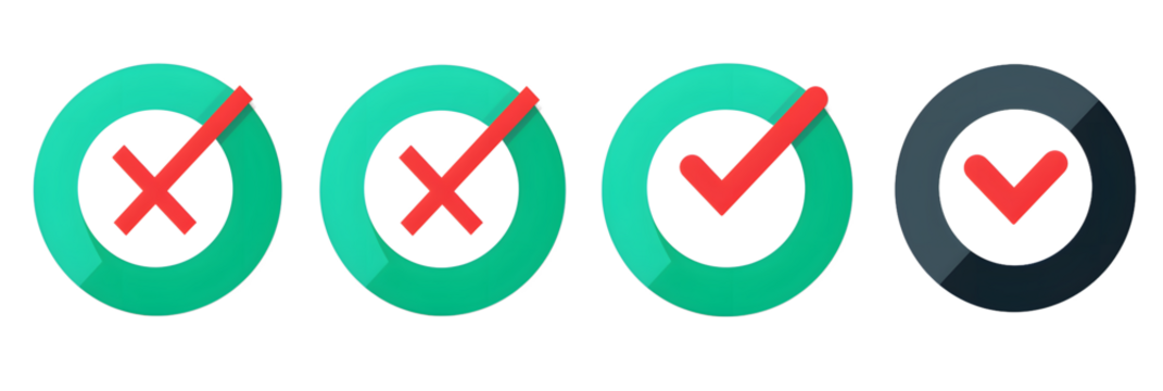 Green check mark, red cross mark icon set. Isolated tick symbols, checklist signs, approval badge. Flat and modern checkmark design, vector illustration.