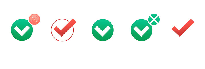 Green check mark, red cross mark icon set. Isolated tick symbols, checklist signs, approval badge. Flat and modern checkmark design, vector illustration. - Powered by Adobe