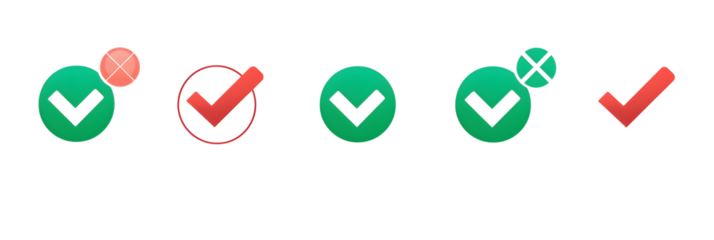 Green check mark, red cross mark icon set. Isolated tick symbols, checklist signs, approval badge. Flat and modern checkmark design, vector illustration.