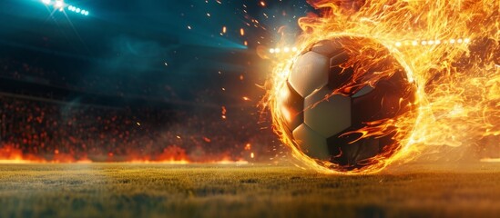 Fiery soccer ball speeds towards stadium field. - obrazy, fototapety, plakaty