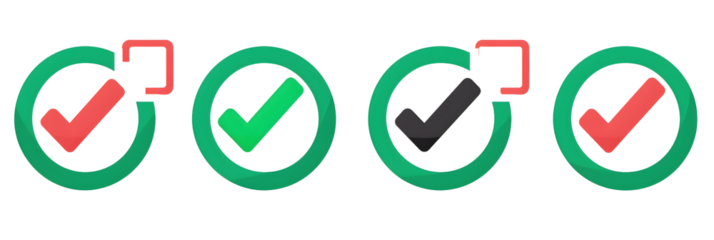 Green check mark, red cross mark icon set. Isolated tick symbols, checklist signs, approval badge. Flat and modern checkmark design, vector illustration.