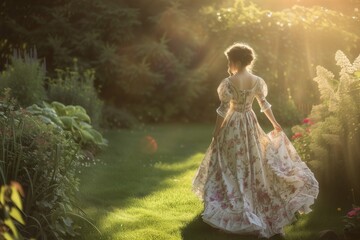 girl in a floral victorian gown walking through a sunlit garden