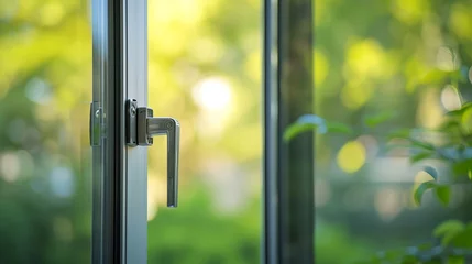 Fotobehang Aluminum window detail. Metal door frame open closeup view. Energy efficient, safety profile, blur green outdoor background © Zahid