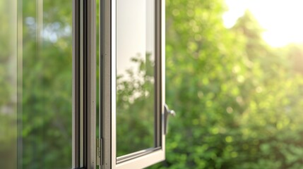 Aluminum window detail. Metal door frame open closeup view. Energy efficient, safety profile, blur green outdoor background