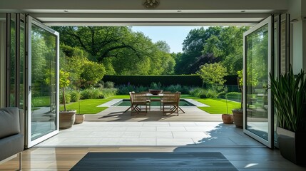 A beautiful garden and patio in summer are seen from a stylish designer room through bifold doors.