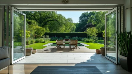Tuinposter A beautiful garden and patio in summer are seen from a stylish designer room through bifold doors. © Zahid