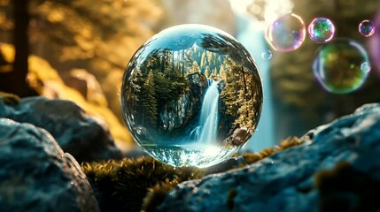 Ethereal Oasis: Forest Waterfall Encased in Bubble, Crafted by Generative AI