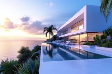 Exterior modern white villa with pool and garden, sea view at sunset