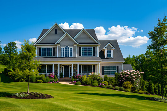 Gorgeous American dream house at sunny summer day with lawn and greenery around. Neural network generated image. Not based on any actual person or scene.