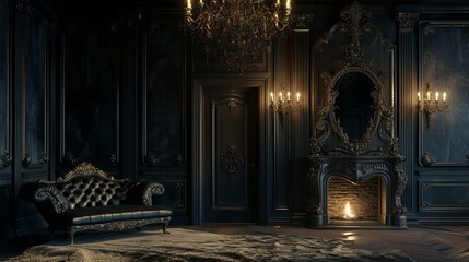 Black room in the castle with a vintage door, a chandelier, a sofa, amirror and fireplace. Space where you can mount a person. - obrazy, fototapety, plakaty