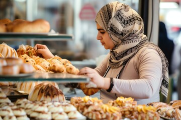 arab woman baker in a headscarf selling pastries at a bakery shop - obrazy, fototapety, plakaty