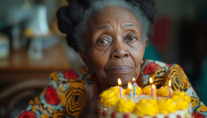 Elderly Woman Contemplates Alone, Facing Birthday Blues with Disappointment and Loneliness - obrazy, fototapety, plakaty