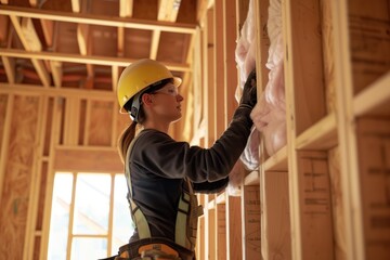 Obraz premium worker with a helmet installing insulation in new construction