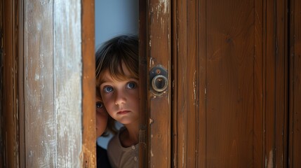 Children look out the old door of the open room. they were scared