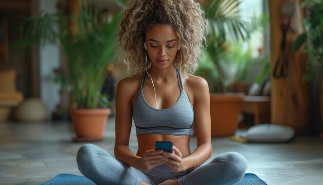Woman Engages in Fitness Communication and Social Media Updates While Practicing Yoga in Home Living Room