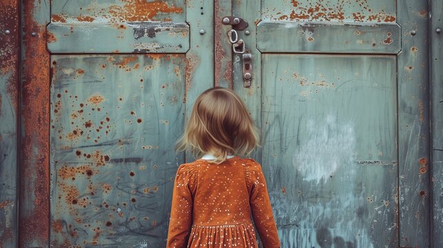 Little girl facing the closed door, rear view